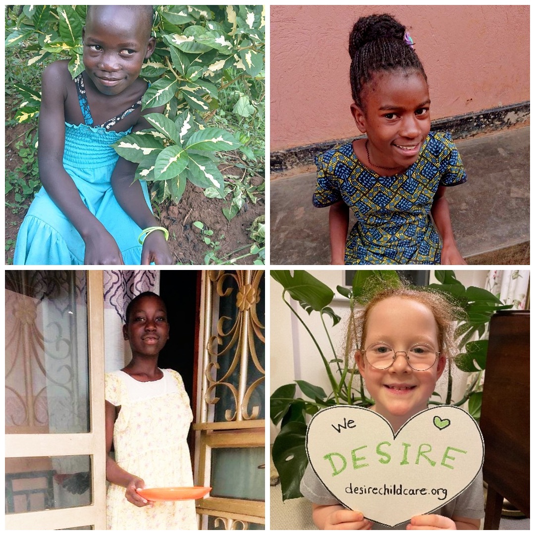 Four photographs together: three of the Desire Kids smiling, and a young supporter in England holding a hand-drawn heart reading We Desire
