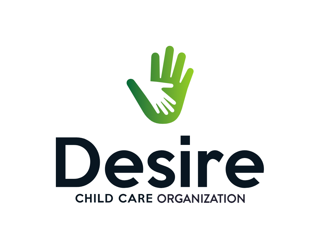 Desire Child Care Organization logo, a green adult hand cradling a child's hand