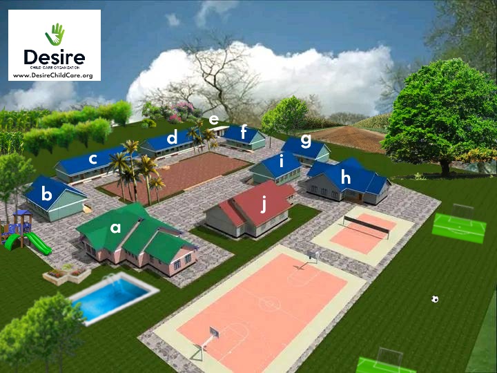 Site plan of the planned Desire Child Care residential school, showing dormitories, classrooms, Cameron Hall, an administration block, teachers housing, a sick bay, a dining hall, a playground, a swimming pool and sports courts set among trees and lawns.